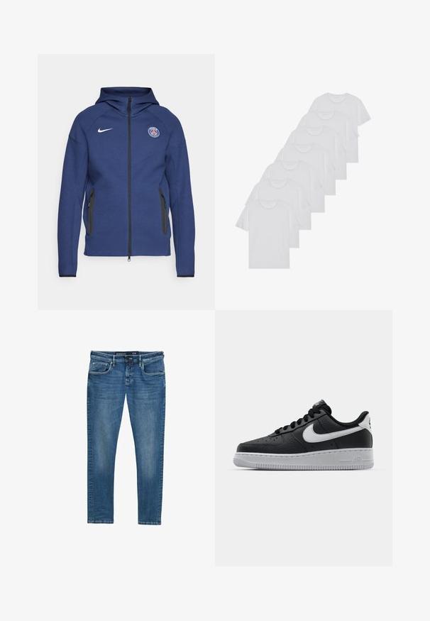 Sweatshirt azul marinho feito de tecido suave, apresentando um fecho completo, bolsos laterais e um patch com logotipo. Tem um design estruturado com capuz.; T-shirts brancos de algodão, mangas curtas, design de gola redonda, com textura lisa, empilhados em fila, com uma marcação subtil na gola.; Jeans de ganga azul com corte reto, design de cinco bolsos, desgaste sutil nas coxas e um rótulo na cintura indicando o tamanho 31/32.; Sapatilha de pele preta com superfície texturizada, swoosh branco da Nike, sola cinza, bico redondo e design com atacadores. Apresenta perfurações na caixa dos dedos.