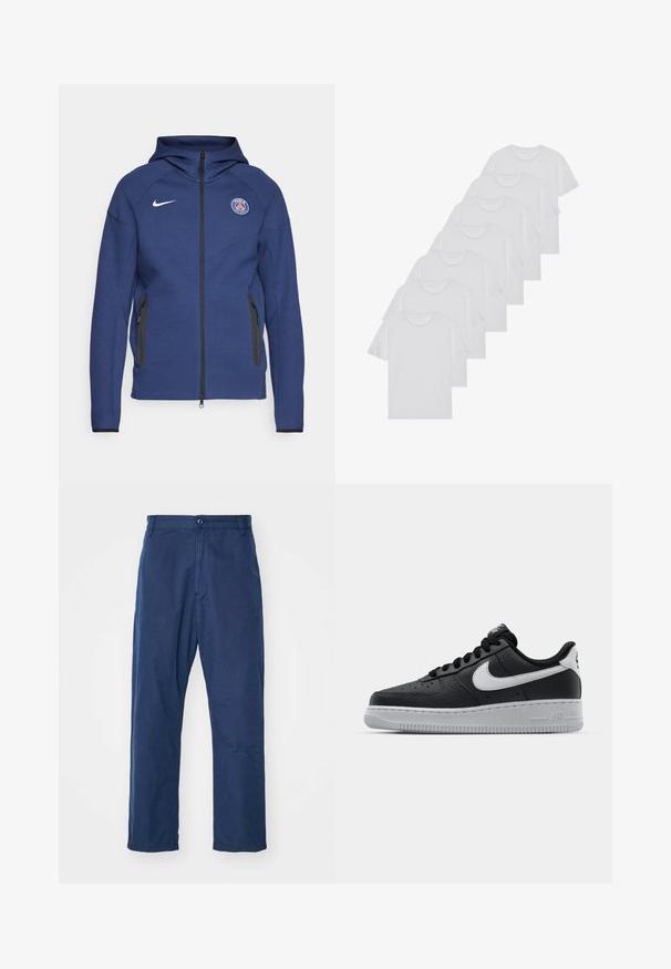 Marineblå hættetrøje lavet af blødt stof, der har fuld lynlås, sidelommer og et logo-patch. Den har et struktureret design med hætte.; Hvide bomulds T-shirts, korte ærmer, rund halsdesign, ensartet tekstur, stablet i en række, med diskret branding ved halsåbningen.; Marineblå, lige bukser lavet af bomuld. Har en frontknaplukning og en subtil tekstur, med sidelommer og bælteløkker.; Sort lædersneaker med tekstureret overflade, hvid Nike swoosh, grå sål, rund tå og snørebåndsdesign. Har perforeringer på tåboksen.