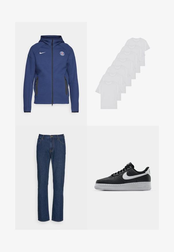 Sweatshirt azul marinho feito de tecido suave, apresentando um fecho completo, bolsos laterais e um patch com logotipo. Tem um design estruturado com capuz.; T-shirts brancos de algodão, mangas curtas, design de gola redonda, com textura lisa, empilhados em fila, com uma marcação subtil na gola.; Lee WEST - Calças de ganga de corte relaxado - mid worn bolton; Sapatilha de pele preta com superfície texturizada, swoosh branco da Nike, sola cinza, bico redondo e design com atacadores. Apresenta perfurações na caixa dos dedos.