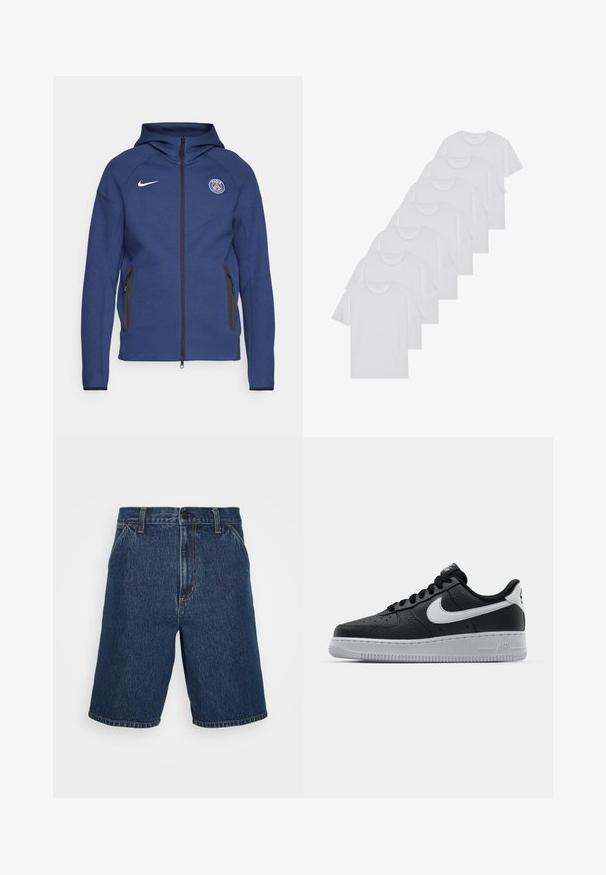 Sudadera con capucha de color azul marino hecha de tela suave, con cierre completo, bolsillos laterales y un parche con logo. Tiene un diseño estructurado con capucha.; Camisetas de algodón blancas, de manga corta, con diseño de cuello redondo, textura lisa, apiladas en una fila, con un sutil logo en el cuello.; Shorts de mezclilla en azul oscuro con corte recto. Presentan costuras amarillas y un diseño clásico de cinco bolsillos. Cintura regular y bordes dobladillos.; Zapatilla negra de cuero con superficie texturizada, logo de Nike en blanco, suela gris, puntera redonda y diseño de encaje. Presenta perforaciones en la puntera.