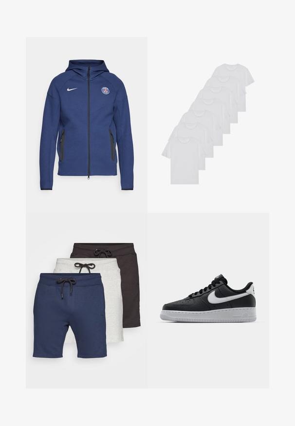 Mornarsko modra kapuca iz mehkega materiala z dolgim zadrgo, stranskimi žepi in logotipom. Ima strukturirano zasnovo s kapuco.; Beli bombažni T-majici, kratki rokavi, krožni izrez, enostavna tekstura, zloženi v vrsto, s subtilnim logotipom na vratu.; Komplet treh pari kratkih hlač: mornarsko modre, svetlo siva in temno siva. Narejene iz mehkega materiala z elastičnim pasom in vrvico.; Črne usnjene teniske z teksturirano površino, bele Nikejeve zmage, sivo podplato, okroglo konico in vezalno zasnovo. Imajo perforacije na prednjem delu.