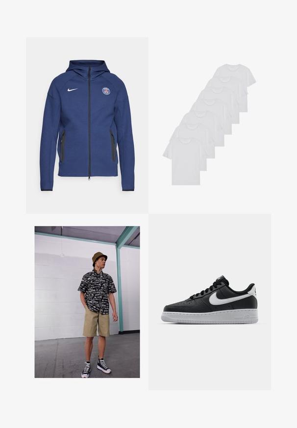Jūras zila kapuce, kas izgatavota no mīkstas auduma, ar pilnu rāvējslēdzēju, sānu kabatām un logotipa uzšuvi. Tam ir strukturēts dizains ar kapuci.; Baltie kokvilnas T-krekli, īsas piedurknes, apaļas izgriezuma dizains, vienkārša tekstūra, sakrauti rindā, ar smalku zīmolu pie kakla izgriezuma.; Melna un baltā īsām piedurknēm krekls ar logo rakstu, khaki šorti un melnas augstpapēžu snekeri. Redzams bēšs ķiveres cepure un kordstieņi.; Melna ādas sporta apavi ar teksturētu virsmu, balta Nike swoosh zīme, pelēks zole, apaļa pirksta daļa un saistējs dizains. Iekļautas perforācijas uz pirksta kastes.