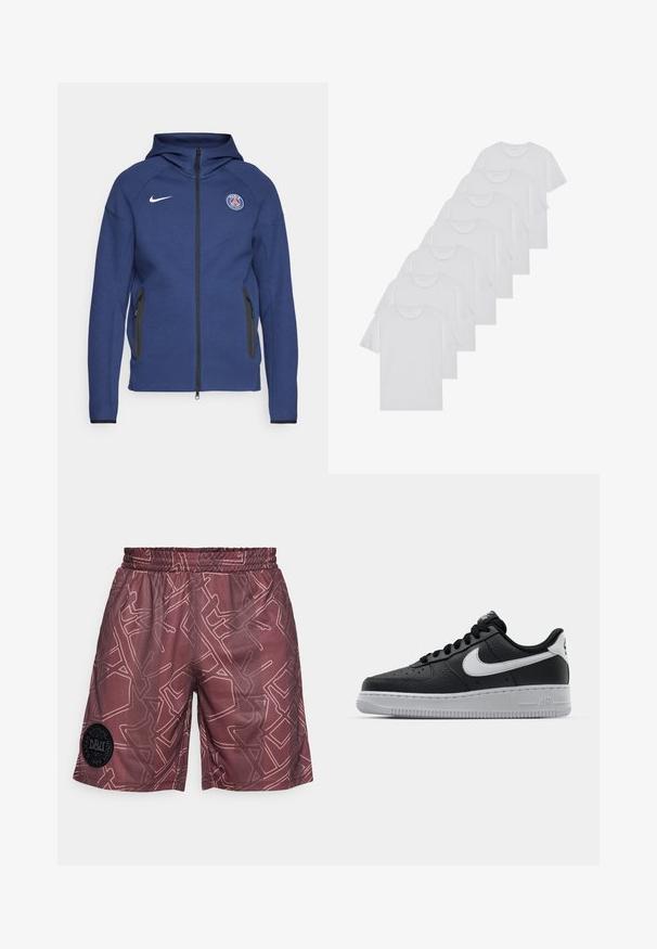 Marineblaue Kapuzenjacke aus weichem Stoff mit durchgehendem Reißverschluss, Seitentaschen und einem Logo-Patch. Sie hat ein strukturiertes Design mit einer Kapuze.; Weiße Baumwoll-T-Shirts, kurze Ärmel, Rundhals-Design, schlichte Textur, in einer Reihe gestapelt, mit dezentem Branding am Hals.; Bordeauxfarbene Sportshorts mit einem abstrakten Linienmuster in hellbraun. Ausgestattet mit einem elastischen Bund und einem schwarzen Logo-Patch auf der unteren linken Seite.; Schwarze Ledersneaker mit strukturierten Oberflächen, weißem Nike-Swoosh, grauer Sohle, runder Zehenpartie und Schnürdesign. Verfügt über Perforationen an der Zehenbox.