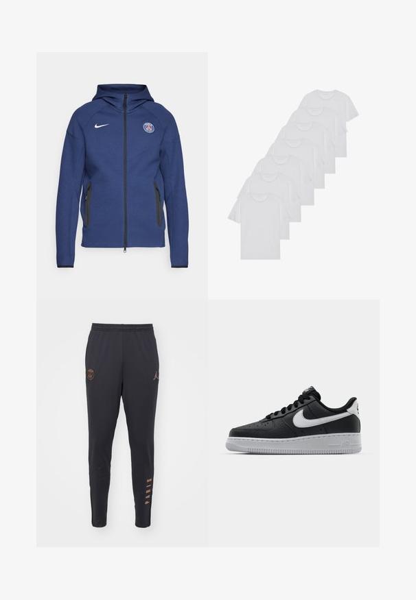 Granatowa bluza z kapturem uszyta z miękkiego materiału, z pełnym zamkiem błyskawicznym, bocznymi kieszeniami oraz naszywką z logo. Posiada strukturalny fason i kaptur.; Białe bawełniane koszulki, krótki rękaw, design z okrągłym dekoltem, gładka faktura, ułożone w rzędzie, z subtelnym logo przy dekolcie.; Czarne spodnie sportowe o zwężanym kroju, z brązowym logo na lewym udzie oraz napisem "PARIS" na prawym nogawce. Gładka faktura tkaniny.; Czarne skórzane trampki o teksturowanej powierzchni, białe logo Nike, szara podeszwa, okrągły czubek i sznurowany design. Posiada perforacje na nosku.