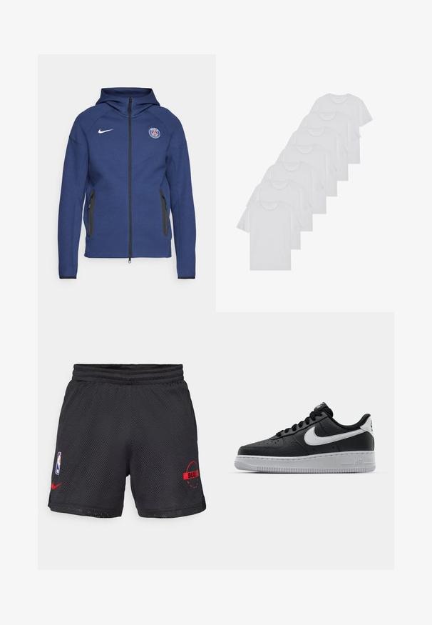 Marineblauwe hoodie van zachte stof met een volledige rits, zijzakken en een logo-label. Het heeft een gestructureerd ontwerp met een capuchon.; Witte katoenen T-shirts, korte mouwen, ronde halsontwerp, eenvoudige textuur, gestapeld in een rij, met subtiele branding bij de hals.; Zwarte mesh basketbalshorts met een elastische tailleband, voorzien van het rode "BULLS" logo en een NBA-patch aan de linkerkant.; Zwarte lederen sneaker met een textuur oppervlak, witte Nike swoosh, grijze zool, ronde neus en vetersluiting. Bevat perforaties op de neus.
