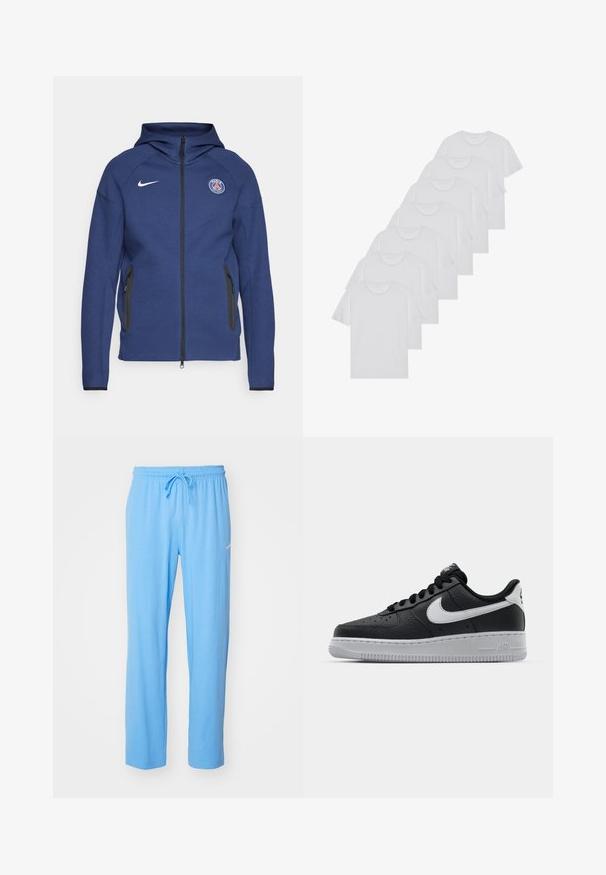 Mørkeblå hettegenser laget av mykt stoff med full glidelås, sidelommer og et logo-patch. Den har et strukturert design med hette.; Hvite bomulls T-skjorter, korte ermer, rund hals-design, enkel tekstur, stablet i en rekke, med subtil merking ved halsen.; Lyseblå joggebukser laget av myk stoff, med elastisk linning og snor, samt en liten logo-detalj nær hoften.; Svart lær sneakers med teksturert overflate, hvit Nike swoosh, grå såle, rund tå og snøredesign. Har perforeringer på tåboksen.