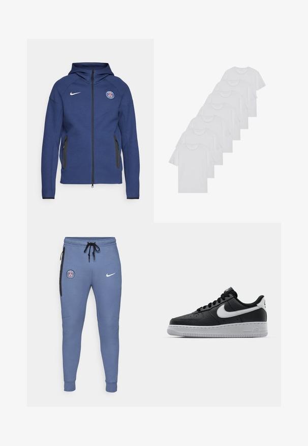 Sötétkék kapucnis pulóver puha anyagból, teljes cipzárral, oldalsó zsebekkel és logós folttal. Szerkezete formálisan kialakított, kapucnival rendelkezik.; Fehér pamut pólók, rövid ujjúak, kerek nyak kialakítással, sima textúrával, sorba rakva, diszkrét logóval a nyaknál.; Kék melegítőnadrág, puha anyagból készült, bal combján Párizs emblémával, jobb csípőjén pedig fehér Nike logóval. Rugalmas mandzsetták.; Fekete bőr edzőcipő mintás felülettel, fehér Nike logóval, szürke talppal, kerek orral és fűzős dizájnnal. Az orr részen perforációk találhatóak.