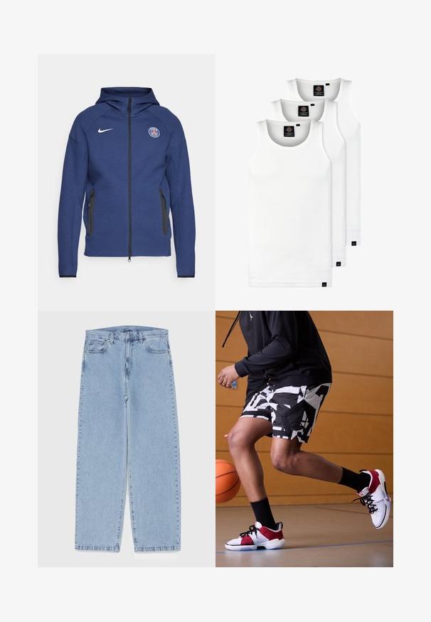 Námořnický modrý svetr z měkké tkaniny s plným zipem, bočními kapsami a nášivkou s logem. Má strukturovaný design s kapucí.; Tři bílé žebrované tílka vyrobené z bavlny. Mají kulatý výstřih a malé černé štítky poblíž lemu. Dostupné v několika velikostech.; Světle modré džíny s rovnými nohavicemi, středním pasem, pěti kapsami a zapínáním na knoflík a zip.; Bílé a červené basketbalové boty s černými akcenty, doplněné o vzorované černobílé šortky. Na sobě černá mikina, v tělocvičně.