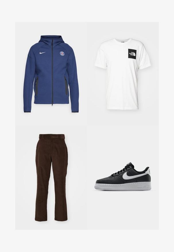 Navy blue hoodie made of soft fabric featuring a full zipper, side pockets, and a logo patch. It has a structured design with a hood.; White cotton t-shirt featuring a black square pocket with "The North Face" logo in white. Short sleeves and a crew neck design.; Brown corduroy trousers with a straight-leg design, featuring a waistband, side pockets, and a soft, textured surface.; Black leather sneaker with textured surface, white Nike swoosh, gray sole, round toe, and lace-up design. Features perforations on toe box.