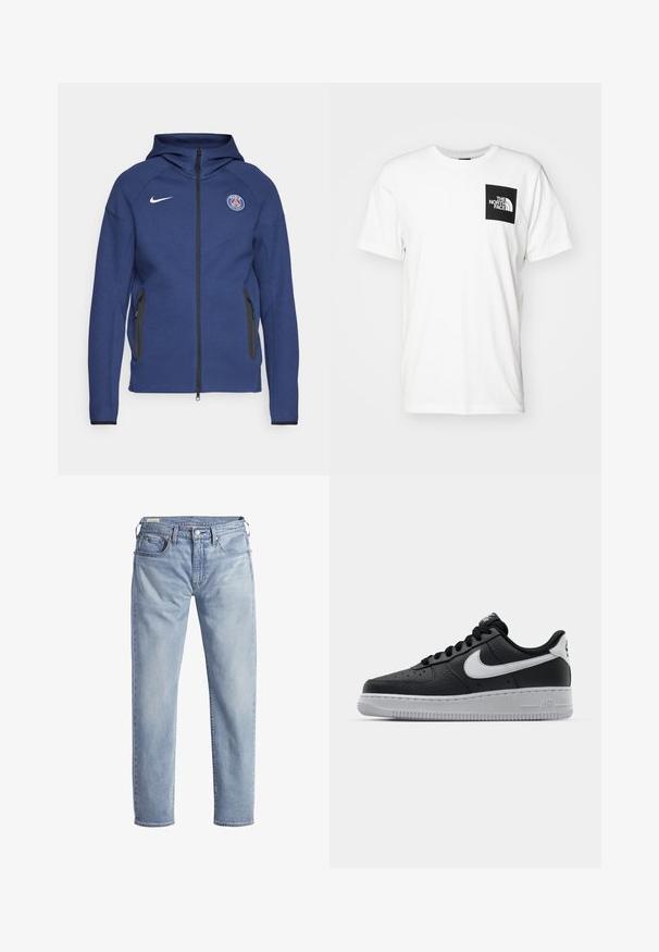 Navy blue hoodie made of soft fabric featuring a full zipper, side pockets, and a logo patch. It has a structured design with a hood.; White cotton t-shirt featuring a black square pocket with "The North Face" logo in white. Short sleeves and a crew neck design.; Light blue denim jeans with a straight leg design, five pockets, and a button fly. Features faded texture and contrasting stitching.; Black leather sneaker with textured surface, white Nike swoosh, gray sole, round toe, and lace-up design. Features perforations on toe box.