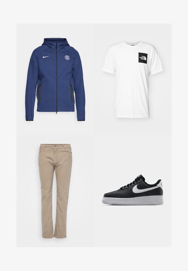 Mørkeblå hettegenser laget av mykt stoff med full glidelås, sidelommer og et logo-patch. Den har et strukturert design med hette.; Hvit bomull T-skjorte med en svart lomme med "The North Face"-logo i hvitt. Korte ermer og rund hals.; Beige bomullsbukser med rett ben-design, med glidelås, beltehemper og subtile stikkdetaljer. Glatt tekstur gjennom hele.; Svart lær sneakers med teksturert overflate, hvit Nike swoosh, grå såle, rund tå og snøredesign. Har perforeringer på tåboksen.