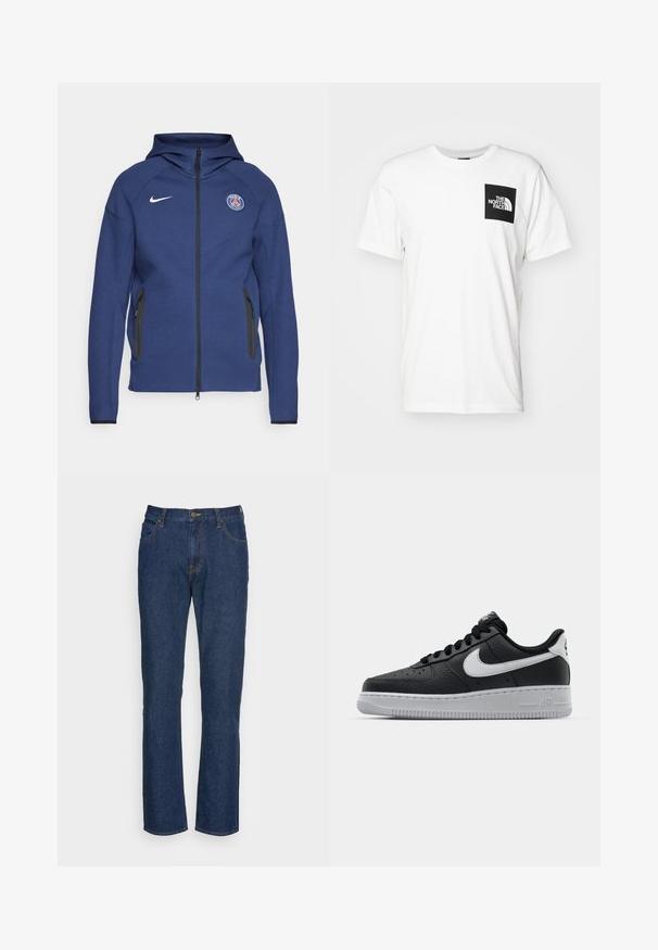 Sweatshirt azul marinho feito de tecido suave, apresentando um fecho completo, bolsos laterais e um patch com logotipo. Tem um design estruturado com capuz.; T-shirt de algodão branco com um bolso quadrado preto com o logótipo "The North Face" em branco. Manga curta e design de gola redonda.; Lee WEST - Calças de ganga de corte relaxado - mid worn bolton; Sapatilha de pele preta com superfície texturizada, swoosh branco da Nike, sola cinza, bico redondo e design com atacadores. Apresenta perfurações na caixa dos dedos.