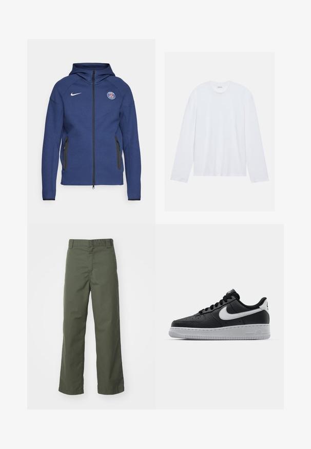 Merineel kapuutsiga pehme kangast dressipluus, millel on täielik tõmblukk, küljetaskud ja logopatch. Sellel on struktureeritud disain koos kapuutsiga.; Valge pikkade varrukatega t-särk puuvillast. Omab klassikalist ümmargust kaelust ja langevaid õmblusi, millel on sile ja ühtlane tekstuur.; Oliivrohelised sirged püksid, mis on valmistatud puuvillast. Omavad siledat tekstuuri, tasast esipinda ja standardset vöökohta koos vööaasadega.; Must musta sneaker tekstureeritud pinnaga, valge Nike logo, hall tald, ümar varv ja paeltega disain. Omab perforatsioone varbakasti peal.