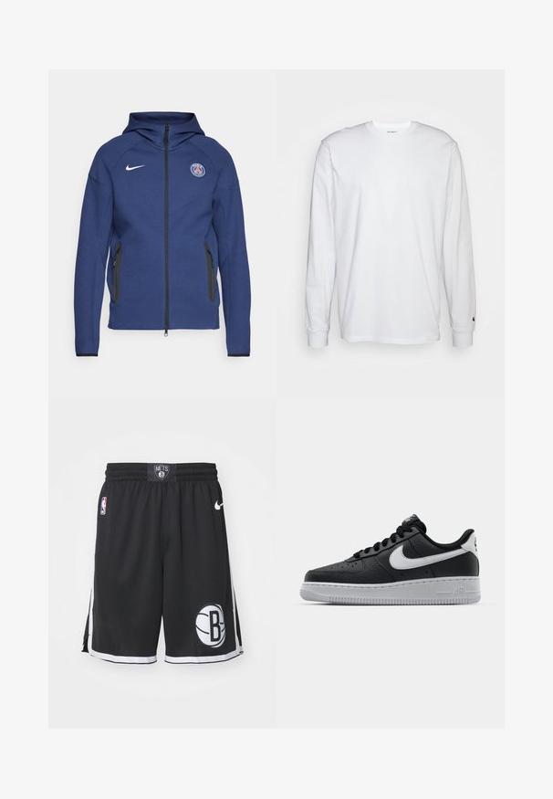 Mørkeblå hettegenser laget av mykt stoff med full glidelås, sidelommer og et logo-patch. Den har et strukturert design med hette.; Hvit langermet T-skjorte laget av bomull. Rund hals-design med ribbestrikkede mansjetter og en liten logo på venstre erme. Glatt tekstur.; Sorte basketball shorts med mesh tekstur, med en hvit og svart logo, og en kontrasterende hvit kant langs sidene og hemmen.; Svart lær sneakers med teksturert overflate, hvit Nike swoosh, grå såle, rund tå og snøredesign. Har perforeringer på tåboksen.