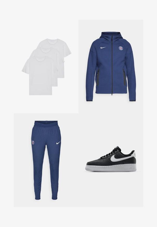 Sweatshirt azul marinho feito de tecido suave, apresentando um fecho completo, bolsos laterais e um patch com logotipo. Tem um design estruturado com capuz.; Três T-shirts brancas feitas de algodão macio, com mangas curtas e um decote redondo, empilhadas de forma organizada com um detalhe de costura minimalista.; Calças de treino azul-marinho feitas de tecido texturizado, com um logotipo de Paris na coxa esquerda e um swoosh branco da Nike na direita.; Sapatilha de pele preta com superfície texturizada, swoosh branco da Nike, sola cinza, bico redondo e design com atacadores. Apresenta perfurações na caixa dos dedos.