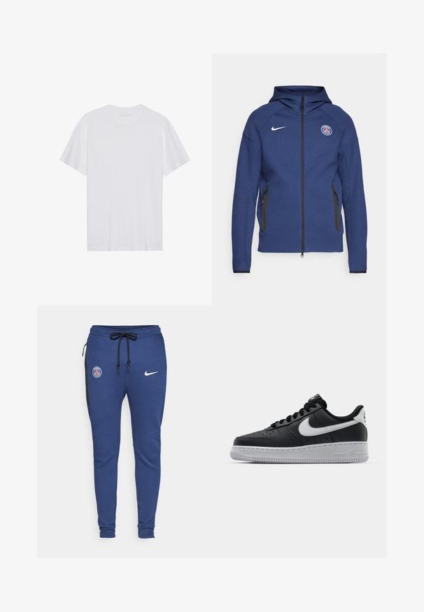 Marineblå hættetrøje lavet af blødt stof, der har fuld lynlås, sidelommer og et logo-patch. Den har et struktureret design med hætte.; Hvid bomulds T-shirt med korte ærmer, rund hals og en glat tekstur. Har minimal branding på halsudskæringen.; Blå atletiske sweatpants med snor i livet, sidelommer med lynlås, sorte detaljer og logoer: PSG-emblem og Nike swoosh.; Sort lædersneaker med tekstureret overflade, hvid Nike swoosh, grå sål, rund tå og snørebåndsdesign. Har perforeringer på tåboksen.