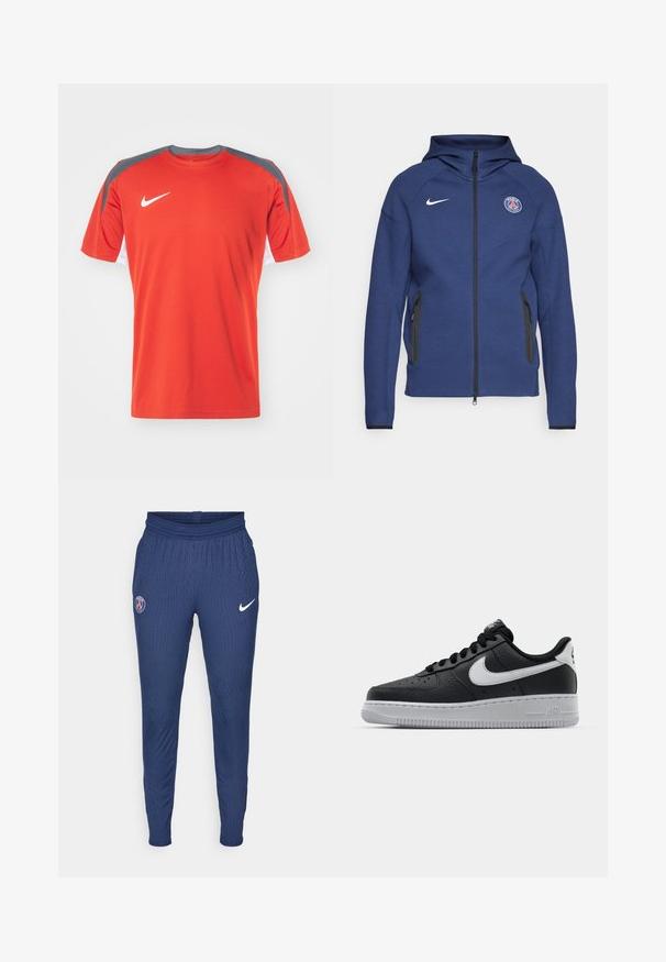 Tummansininen huppari, joka on valmistettu pehmeästä kankaasta ja jossa on täysipitkä vetoketju, sivutaskut ja logopatch. Siinä on rakenteellinen muotoilu huppua varten.; Punainen urheilu t-paita, jossa on pyöreä pääntie, harmaat olkaosuudet ja valkoisia yksityiskohtia. Valmistettu hengittävästä kankaasta, jossa on pieni valkoinen logo.; Urheiluhausut tummansinistä tekstiiliä, joissa on tekstuuria, vasemmalla reidellä Pariisi-logo ja oikealla puolella valkoinen Nike-vippo.; Musta nahkakengät, joissa on teksturoitu pinta, valkoinen Nike -logo, harmaa pohja, pyöreä kärki ja nauhakiinnitys. Varustettu rei'illä kärkilaatikossa.