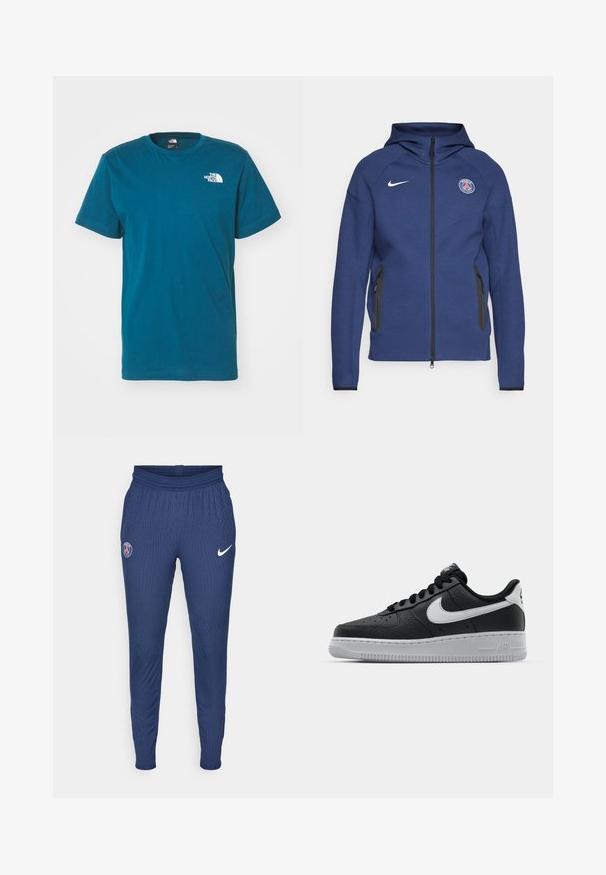 Námořnický modrý svetr z měkké tkaniny s plným zipem, bočními kapsami a nášivkou s logem. Má strukturovaný design s kapucí.; The North Face VERTICAL TEE - Triko s potiskem - midnight petrol; Námořnické sportovní kalhoty vyrobené z strukturované tkaniny s logem Paříže na levém stehně a bílým Nike swoosh na pravém.; Černé kožené tenisky s texturovaným povrchem, bílým logem Nike, šedou podrážkou, kulatou špičkou a designem na šněrování. Obsahují perforace na špičce.
