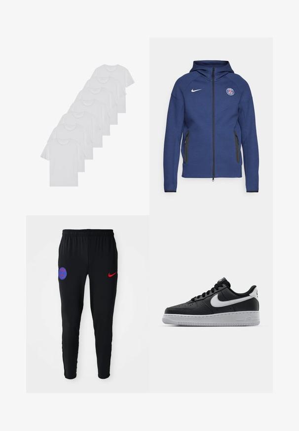 Sweatshirt azul marinho feito de tecido suave, apresentando um fecho completo, bolsos laterais e um patch com logotipo. Tem um design estruturado com capuz.; T-shirts brancos de algodão, mangas curtas, design de gola redonda, com textura lisa, empilhados em fila, com uma marcação subtil na gola.; Calças atléticas pretas feitas de um tecido suave. Apresentam o logótipo vermelho da Nike e um emblema azul de Paris à esquerda. Cintura elástica com pernas afuniladas.; Sapatilha de pele preta com superfície texturizada, swoosh branco da Nike, sola cinza, bico redondo e design com atacadores. Apresenta perfurações na caixa dos dedos.