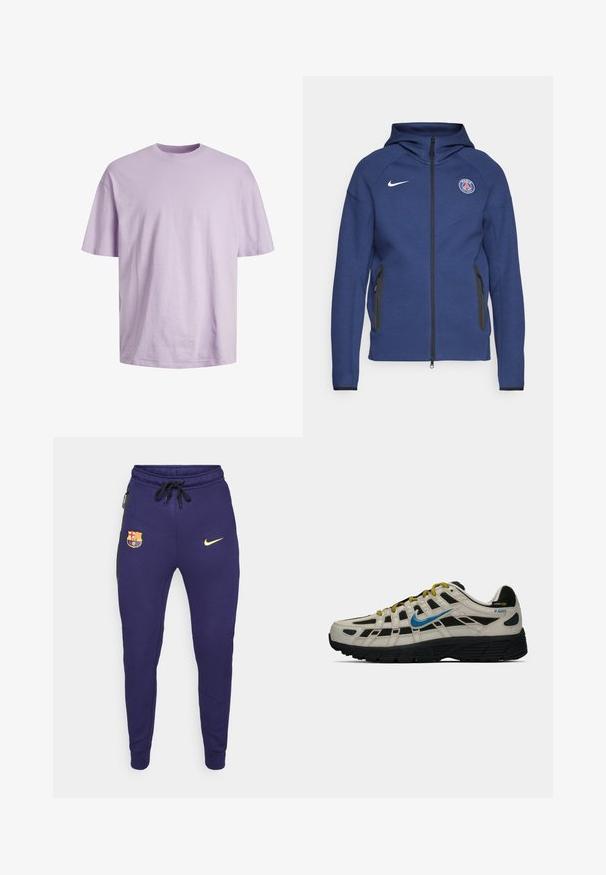 Marineblå hættetrøje lavet af blødt stof, der har fuld lynlås, sidelommer og et logo-patch. Den har et struktureret design med hætte.; Jack & Jones JJEBRADLEY O-NECK - T-shirts basic - purple rose; Marineblå joggers lavet af blødt stof med sorte sidepaneler, prydet med et gult Nike-logo og et farverigt Barcelona FC-emblem på venstre lår.; Beige og sort Nike P-6000 sneaker med blå swoosh, gule snørebånd, sort sål og Cordura-stofmærke på hælen.