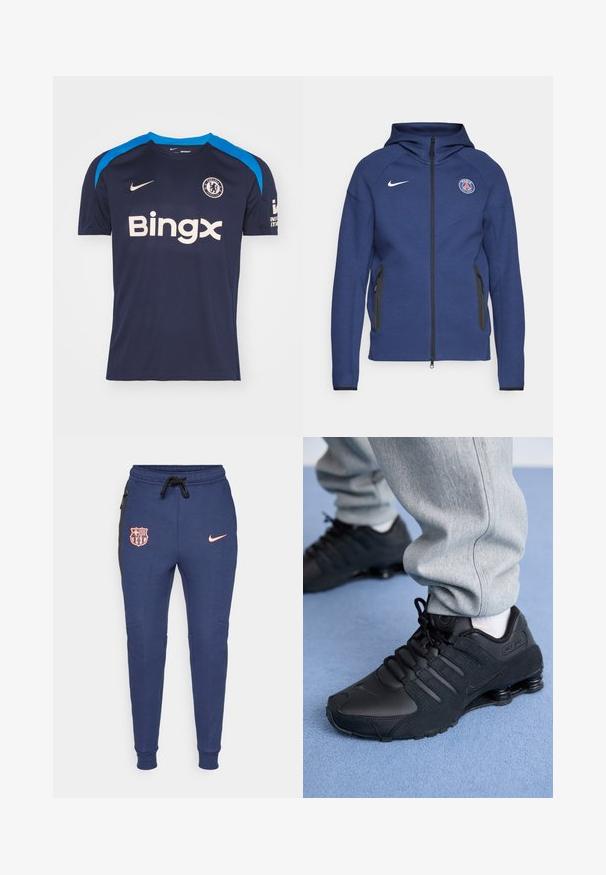 Navy blue hoodie made of soft fabric featuring a full zipper, side pockets, and a logo patch. It has a structured design with a hood.; Navy blue Nike football jersey with light blue accents, featuring a crew neck, short sleeves, and "Bingx" logo in cream on the front. Chelsea crest included.; Navy blue sweatpants with elastic cuffs, featuring a pink logo and Barcelona shield, side pockets, and black side panel accents.; Person wearing black Nike Shox sneakers and gray sweatpants standing on light blue carpet.