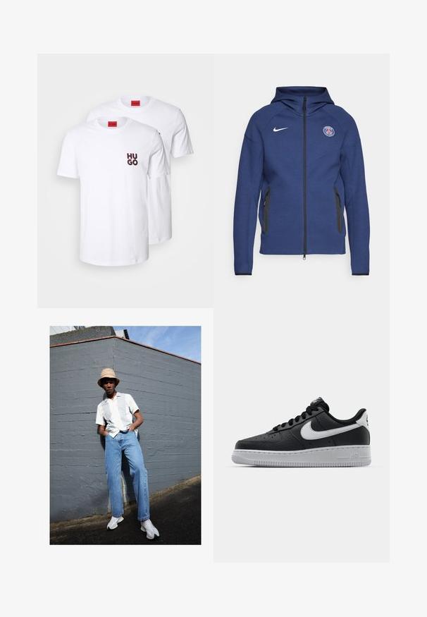 Sweatshirt azul marinho feito de tecido suave, apresentando um fecho completo, bolsos laterais e um patch com logotipo. Tem um design estruturado com capuz.; T-shirts brancos em algodão, com decote redondo, mangas curtas, apresentando o logótipo "HUGO" em vermelho e preto na parte esquerda do peito. Conjunto de dois.; Camisa branca de manga curta com riscas cinza claro, jeans de ganga azuis e sapatilhas brancas, posicionada contra uma parede cinza sob um céu azul limpo.; Sapatilha de pele preta com superfície texturizada, swoosh branco da Nike, sola cinza, bico redondo e design com atacadores. Apresenta perfurações na caixa dos dedos.