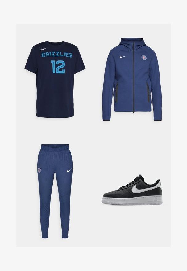 Marineblaue Kapuzenjacke aus weichem Stoff mit durchgehendem Reißverschluss, Seitentaschen und einem Logo-Patch. Sie hat ein strukturiertes Design mit einer Kapuze.; Navyblaue Baumwoll-T-Shirt mit kurzen Ärmeln, das "GRIZZLIES" und die Nummer "12" in hellblauen Buchstaben zeigt. Nike-Logo auf der linken Schulter vorne.; Marinefarbene Sporthosen aus strukturiertem Stoff mit einem Paris-Logo am linken Oberschenkel und einem weißen Nike-Swoosh am rechten Beinum.; Schwarze Ledersneaker mit strukturierten Oberflächen, weißem Nike-Swoosh, grauer Sohle, runder Zehenpartie und Schnürdesign. Verfügt über Perforationen an der Zehenbox.