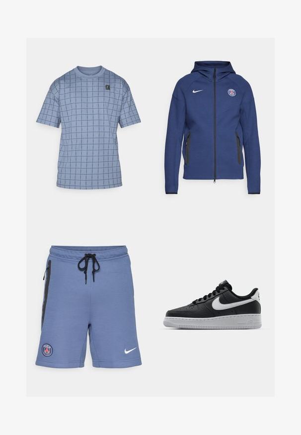 Sudadera con capucha de color azul marino hecha de tela suave, con cierre completo, bolsillos laterales y un parche con logo. Tiene un diseño estructurado con capucha.; Camiseta de manga corta de color azul claro con un patrón de cuadrícula en azul oscuro, con una pequeña etiqueta de logo negra en la parte superior izquierda. Material de algodón suave.; Pantalones cortos deportivos azules hechos de un tejido suave, con cremalleras laterales negras, un cinturón ajustable y un logo del Paris Saint-Germain en el lado izquierdo.; Zapatilla negra de cuero con superficie texturizada, logo de Nike en blanco, suela gris, puntera redonda y diseño de encaje. Presenta perforaciones en la puntera.