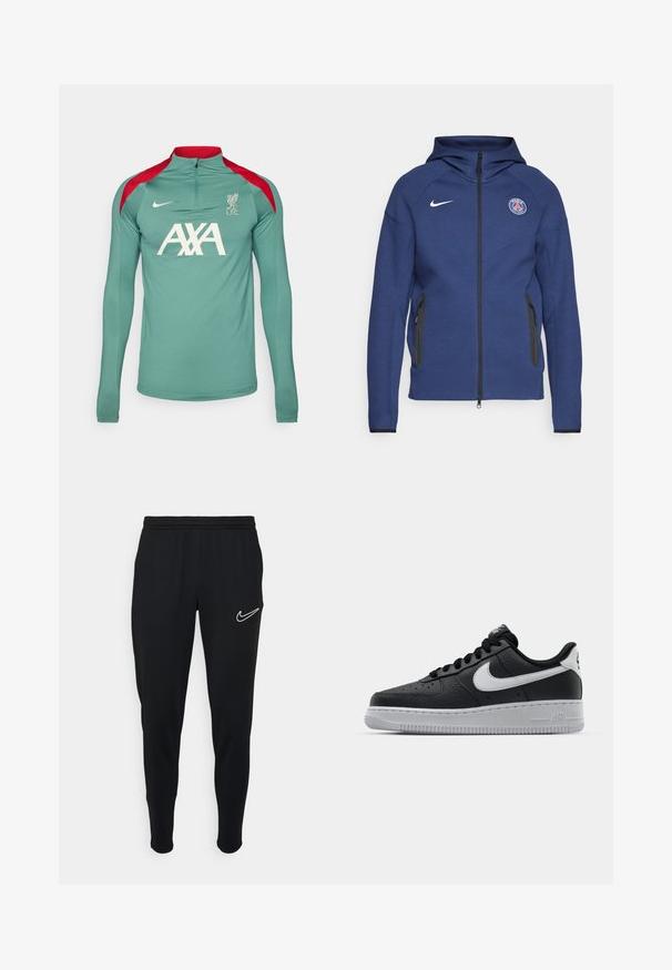 Marineblå hættetrøje lavet af blødt stof, der har fuld lynlås, sidelommer og et logo-patch. Den har et struktureret design med hætte.; Nike Performance LIVERPOOL FC NIKE DF STRIKE DRILL TOP K - Klub merchandise - bicoastal/bicoastal/light orewood burn; Sorte athletiske joggers med elastisk talje, slim fit og hvidt Nike-logo på venstre side. Blødt stof med en glat tekstur.; Sort lædersneaker med tekstureret overflade, hvid Nike swoosh, grå sål, rund tå og snørebåndsdesign. Har perforeringer på tåboksen.