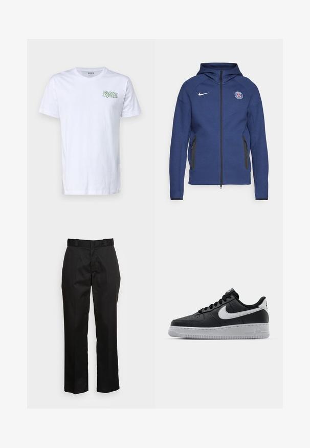 Navy blue hoodie made of soft fabric featuring a full zipper, side pockets, and a logo patch. It has a structured design with a hood.; Stance OZONE - Print T-shirt - white; Black trousers made from a smooth fabric, featuring a straight leg design, belt loops, and two side pockets. Classic look without embellishments.; Black leather sneaker with textured surface, white Nike swoosh, gray sole, round toe, and lace-up design. Features perforations on toe box.