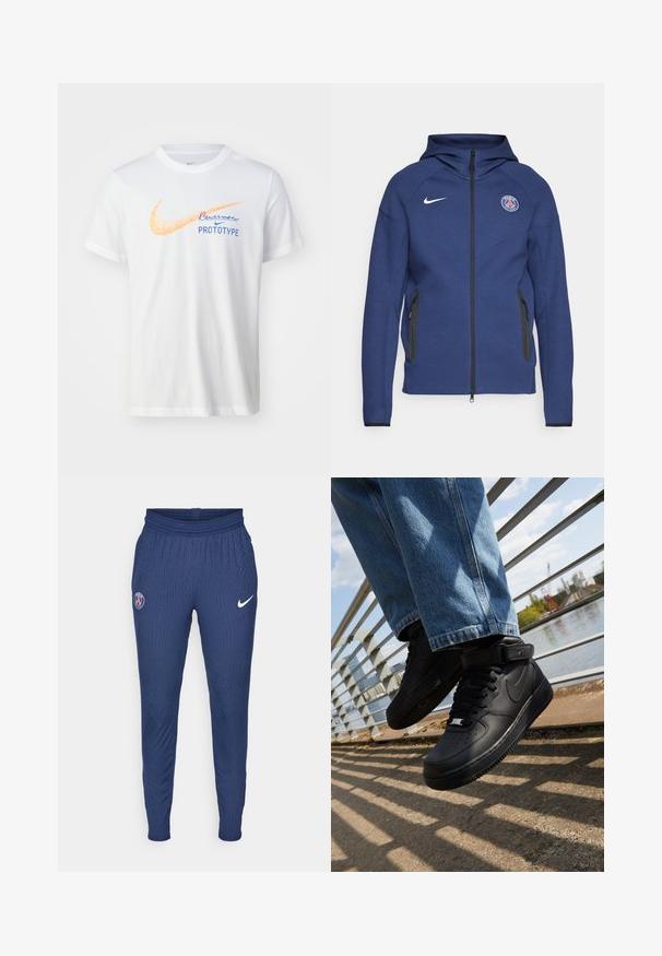 Merineel kapuutsiga pehme kangast dressipluus, millel on täielik tõmblukk, küljetaskud ja logopatch. Sellel on struktureeritud disain koos kapuutsiga.; Nike Performance TEE FOUNDERS - Spordi T-särk - white; Tumed sportlikud püksid, mis on valmistatud tekstuuriga kangast, esitavad vasakul reiel Pariisi logo ja paremal Nike swooshi valges värvuses.; Mustad mustad Nike Air Force 1 sneakerid nahast pealsega, mestist keelaga ja kummist tallaga, millel on kõrge disain ja paksud paelad.