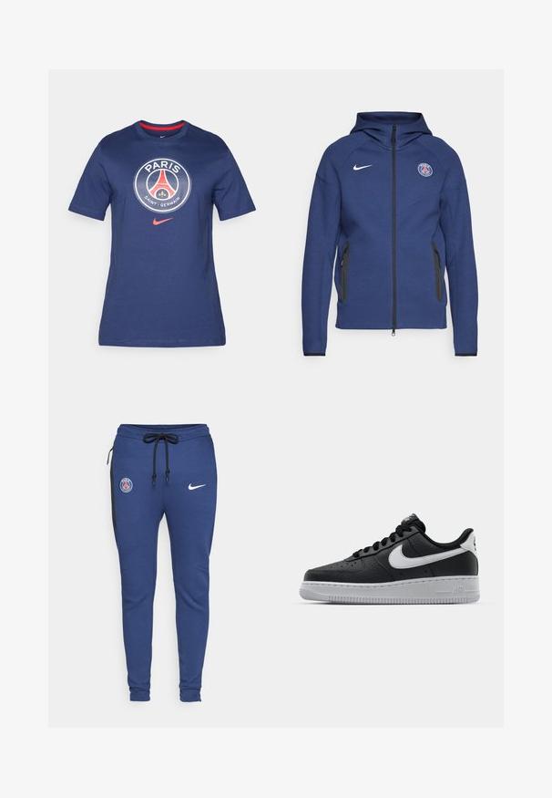 Mørkeblå hettegenser laget av mykt stoff med full glidelås, sidelommer og et logo-patch. Den har et strukturert design med hette.; Marineblå bomull T-skjorte med et sirkulært logo som har teksten "PARIS", Paris Saint-Germain-emblemet og røde detaljer, med rund halsdesign.; Blå treningsbukser med strikk i livet, sidelommer med glidelås, svarte detaljer og logoer: PSG-emblem og Nike-svush.; Svart lær sneakers med teksturert overflate, hvit Nike swoosh, grå såle, rund tå og snøredesign. Har perforeringer på tåboksen.