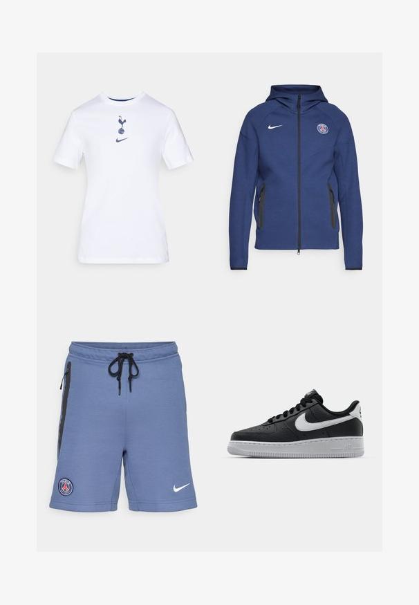 Tamsiai mėlyna džemperis su užtrauktuku, pagamintas iš minkštos medžiagos, su šoniniais kišeniais ir logotipo žyme. Jis turi struktūruotą dizainą su gobtuvu.; Balta medvilnės marškinėliai su apvaliu kaklu, ant kurių pavaizduotas tamsiai mėlynas gaidys, stovintis ant futbolo kamuolio, ir Nike logotipas žemiau.; Mėlyni sportiniai šortai, pagaminti iš minkštos medžiagos, su juodais šoniniu užtrauktukais, raišteliu juosmenyje ir "Paris Saint-Germain" logotipu kairėje pusėje.; Juoda odinė sportinė avalynė su tekstūruota danga, balta Nike swoosh, pilkas padas, apvalus nosis ir raištelių užsegimas. Yra perforacijos ant nosies.