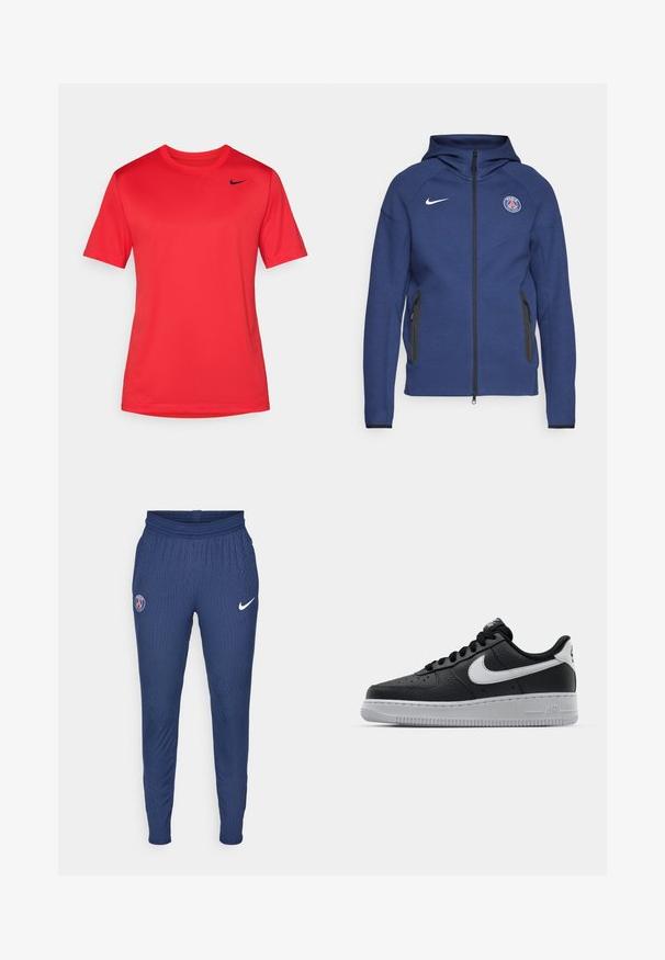 Marineblaue Kapuzenjacke aus weichem Stoff mit durchgehendem Reißverschluss, Seitentaschen und einem Logo-Patch. Sie hat ein strukturiertes Design mit einer Kapuze.; Rotes, kurzärmliges, rundhalsiges Sport-T-Shirt mit einem kleinen schwarzen Nike-Swoosh-Logo auf der oberen linken Brust.; Marinefarbene Sporthosen aus strukturiertem Stoff mit einem Paris-Logo am linken Oberschenkel und einem weißen Nike-Swoosh am rechten Beinum.; Schwarze Ledersneaker mit strukturierten Oberflächen, weißem Nike-Swoosh, grauer Sohle, runder Zehenpartie und Schnürdesign. Verfügt über Perforationen an der Zehenbox.