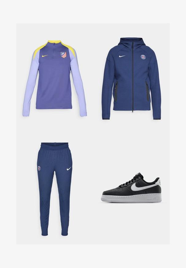 Navy blue hoodie made of soft fabric featuring a full zipper, side pockets, and a logo patch. It has a structured design with a hood.; Purple athletic long-sleeve shirt with yellow accents, half-zip collar, and a team logo on the left chest. Made from smooth fabric.; Navy athletic pants made of textured fabric featuring a Paris logo on the left thigh and a white Nike swoosh on the right.; Black leather sneaker with textured surface, white Nike swoosh, gray sole, round toe, and lace-up design. Features perforations on toe box.