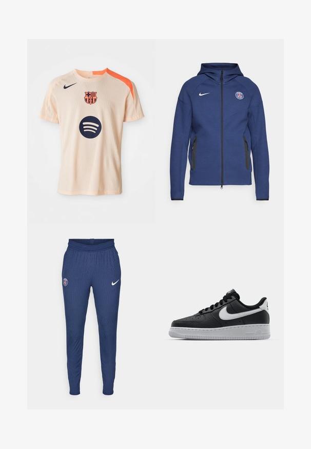 Mornarsko modra kapuca iz mehkega materiala z dolgim zadrgo, stranskimi žepi in logotipom. Ima strukturirano zasnovo s kapuco.; Svetlo breskvasta nogometna majica FC Barcelona s oranžnim ramenskim trakama, mornarsko modrim logotipom Nike, grbom tima i logotipom sponzora Spotify na prednjem dijelu.; Mornarice športne hlače iz teksturiranega materiala z logotipom Pariza na levem stegnu in belim Nikejevim logotipom na desni strani.; Črne usnjene teniske z teksturirano površino, bele Nikejeve zmage, sivo podplato, okroglo konico in vezalno zasnovo. Imajo perforacije na prednjem delu.