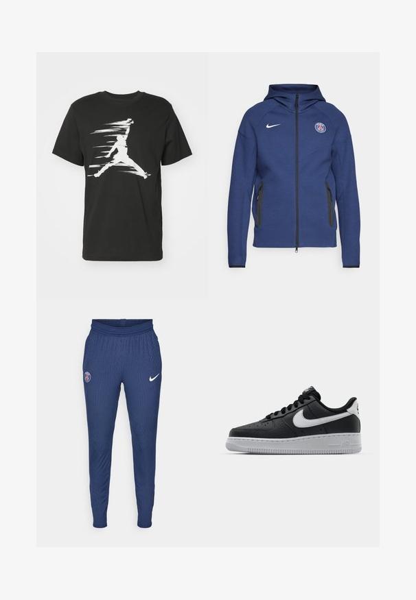 Námořnický modrý svetr z měkké tkaniny s plným zipem, bočními kapsami a nášivkou s logem. Má strukturovaný design s kapucí.; Jordan CREW - Triko s potiskem - black/sail; Námořnické sportovní kalhoty vyrobené z strukturované tkaniny s logem Paříže na levém stehně a bílým Nike swoosh na pravém.; Černé kožené tenisky s texturovaným povrchem, bílým logem Nike, šedou podrážkou, kulatou špičkou a designem na šněrování. Obsahují perforace na špičce.