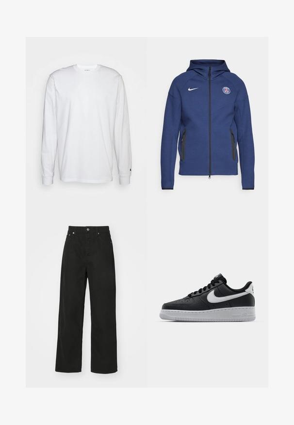 Jūras zila kapuce, kas izgatavota no mīkstas auduma, ar pilnu rāvējslēdzēju, sānu kabatām un logotipa uzšuvi. Tam ir strukturēts dizains ar kapuci.; Balta garām piedurknēm T-kreklā, kas izgatavots no kokvilnas. Arapa kakla dizains ar ribotām aprocēm un mazu logotipu uz kreisās piedurknes. Gluda tekstūra.; Melnas denim bikses ar taisna caurumu dizainu, kas aprīkotas ar piecām kabatām, pogu aizdari un klasisku jostu. Gluda tekstūra.; Melna ādas sporta apavi ar teksturētu virsmu, balta Nike swoosh zīme, pelēks zole, apaļa pirksta daļa un saistējs dizains. Iekļautas perforācijas uz pirksta kastes.