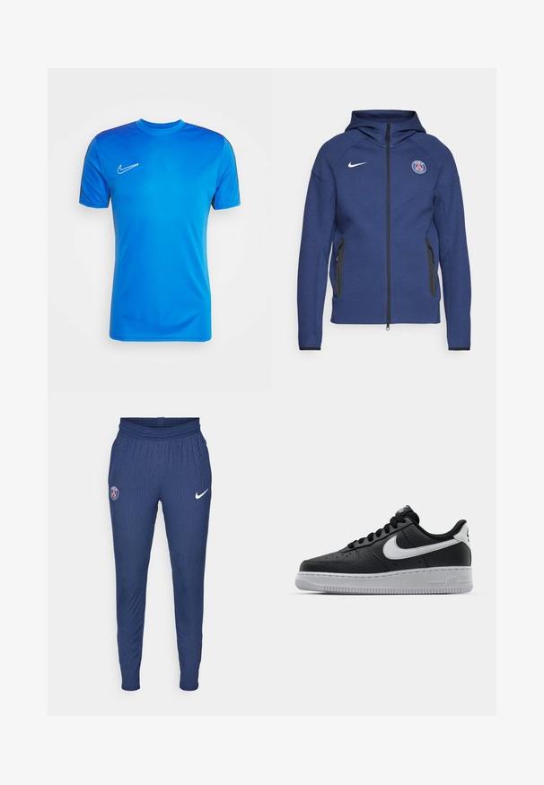 Sudadera con capucha de color azul marino hecha de tela suave, con cierre completo, bolsillos laterales y un parche con logo. Tiene un diseño estructurado con capucha.; Nike Performance TOP - Camiseta deportiva - royal blue/obsidian/white; Pantalones deportivos de color navy fabricados con tejido texturizado, que presentan un logo de París en el muslo izquierdo y un swoosh blanco de Nike en el derecho.; Zapatilla negra de cuero con superficie texturizada, logo de Nike en blanco, suela gris, puntera redonda y diseño de encaje. Presenta perforaciones en la puntera.