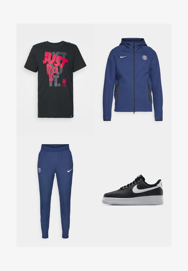 Merineel kapuutsiga pehme kangast dressipluus, millel on täielik tõmblukk, küljetaskud ja logopatch. Sellel on struktureeritud disain koos kapuutsiga.; Must have musta shirt, mille bold punase ja halli tekstiga: "JUST DO IT." L.F.C. logo alumises paremas nurgas. Lühikesed varrukad ja ümmargune kaelus.; Tumed sportlikud püksid, mis on valmistatud tekstuuriga kangast, esitavad vasakul reiel Pariisi logo ja paremal Nike swooshi valges värvuses.; Must musta sneaker tekstureeritud pinnaga, valge Nike logo, hall tald, ümar varv ja paeltega disain. Omab perforatsioone varbakasti peal.