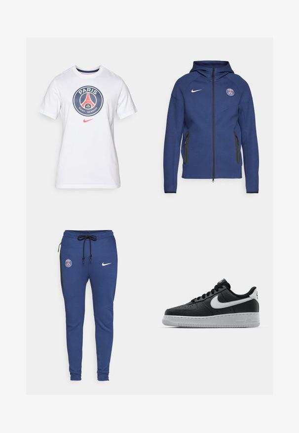 Mørkeblå hettegenser laget av mykt stoff med full glidelås, sidelommer og et logo-patch. Den har et strukturert design med hette.; Hvit bomull t-skjorte med et sirkulært Paris Saint-Germain-logo i blått, rødt og gult, med en liten rød Nike-svikt. Korte ermer.; Blå treningsbukser med strikk i livet, sidelommer med glidelås, svarte detaljer og logoer: PSG-emblem og Nike-svush.; Svart lær sneakers med teksturert overflate, hvit Nike swoosh, grå såle, rund tå og snøredesign. Har perforeringer på tåboksen.