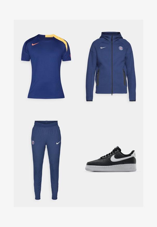 Merineel kapuutsiga pehme kangast dressipluus, millel on täielik tõmblukk, küljetaskud ja logopatch. Sellel on struktureeritud disain koos kapuutsiga.; Tumesinine lühikeste varrukatega spordipuserik, millel on kollane õlavarrepaneel ja punane Nike swoosh rinnal ja varrukal.; Tumed sportlikud püksid, mis on valmistatud tekstuuriga kangast, esitavad vasakul reiel Pariisi logo ja paremal Nike swooshi valges värvuses.; Must musta sneaker tekstureeritud pinnaga, valge Nike logo, hall tald, ümar varv ja paeltega disain. Omab perforatsioone varbakasti peal.