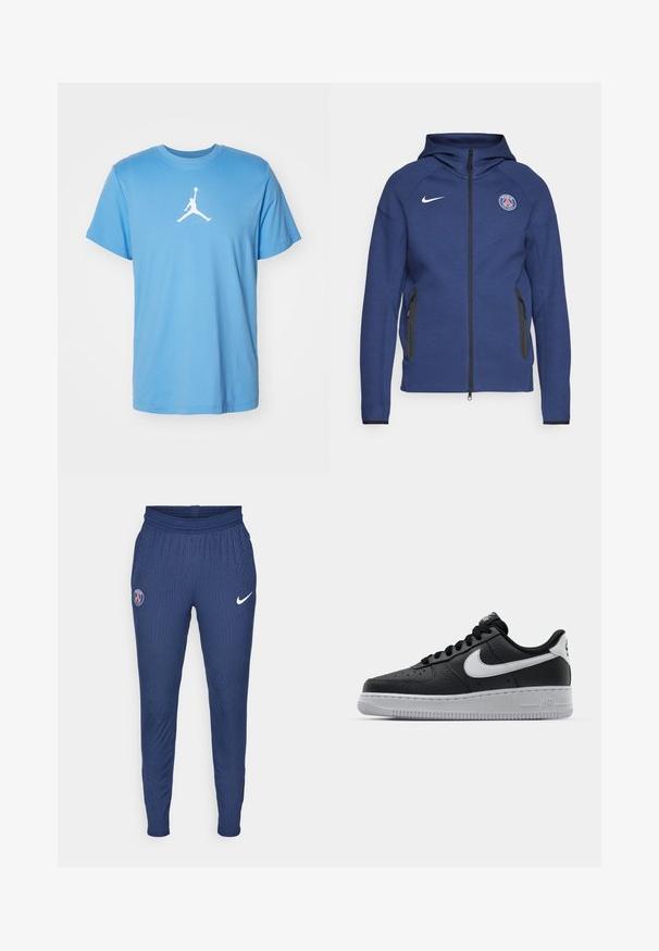 Sötétkék kapucnis pulóver puha anyagból, teljes cipzárral, oldalsó zsebekkel és logós folttal. Szerkezete formálisan kialakított, kapucnival rendelkezik.; Jordan JUMPMAN SHORT SLEEVE CREW - Sportfelső - legend blue/white; Sötétkék sportnadrág, amely texturált anyagból készült, bal combján Párizs logóval, míg a jobb lábszáron egy fehér Nike pipa látható.; Fekete bőr edzőcipő mintás felülettel, fehér Nike logóval, szürke talppal, kerek orral és fűzős dizájnnal. Az orr részen perforációk találhatóak.