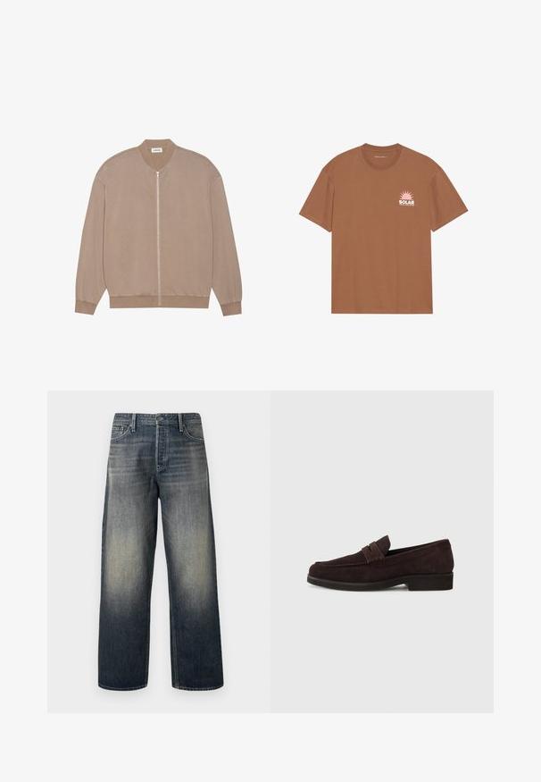 Gai bēšas krāsas bomber jaka ar rāvējslēdzēju priekšā, ribotām piedurknēm un teksturētu audumu. Iespējas ietver noapaļotu apkakli un brīvu piegriezumu.; Brūna īsām piedurknēm T-krekls, kas izgatavots no kokvilnas, ar rozā saules grafiku un tekstu "SOLAR" uz kreisā krūšu daļas. Ar apaļu kakla izgriezumu.; Platām kājām džinsi tumši zilā denima ar gradienta apdari, ar pogu aizdari, piecu kabatu dizainu un strukturētām šuvju detaļām.; Brūni zamšaini loferi ar zemu profilu un apaļu purngalu. Iespējo dekoratīva josta pāri augšdaļai, plakana gumijas zole un nav redzama šuvuma.