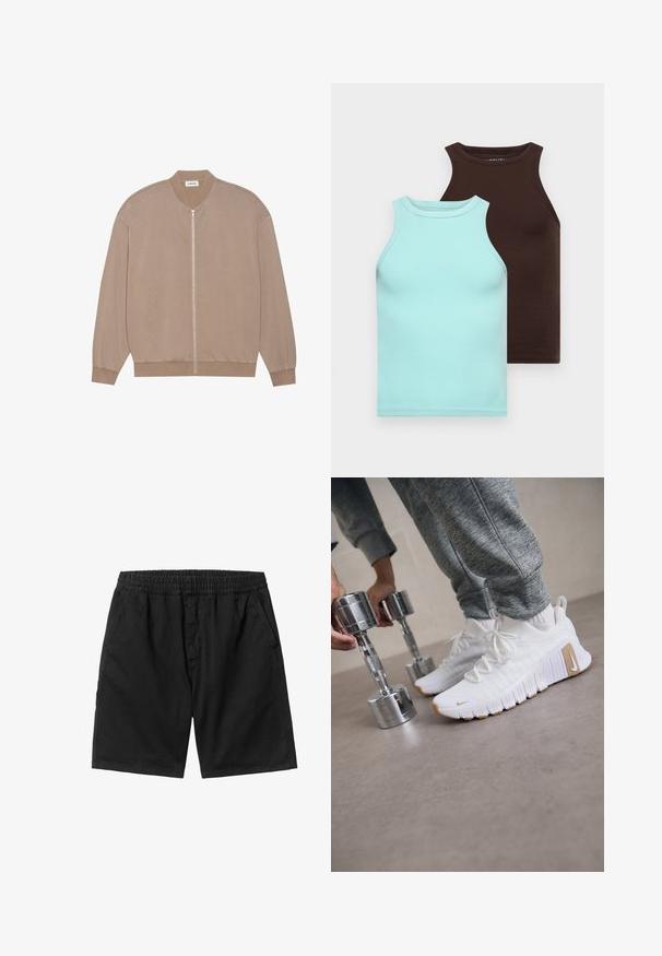 Svetlo bež bomber jakna z zadrgo na sprednji strani, rebrastimi manšeti in teksturirano tkanino. Ima zaobljen ovratnik in sproščen kroj.; Dva prilegajoča se majici brez rokavov: ena svetlo modra, druga temno rjava. Narejeni iz raztegljivega bombaža, z gladko teksturo in brezrokavnim dizajnom.; Črne hlače s elastičnim pasom, stranskimi žepi in ravnim krojem. Narejene iz lahkega materiala z gladko teksturo.; Bele športne copate z teksturiranim zgornjim delom, ravnim gumijastim podplatom in svetlo rjavimi poudarki. Srebrne uteži v ospredju. Vidne siva trenirka.