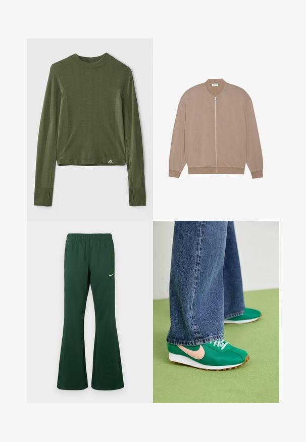 Lichtbeige bomberjack met een rits aan de voorkant, ribgebreide manchetten en een gestructureerde stof. Beschikt over een ronde kraag en een ontspannen pasvorm.; Donkergroene langwerpige top met een ronde hals, voorzien van gestippelde textuuraccenten op de mouwen en een cropped zoom. Inclusief duimgaten.; Donkergroene Nike trainingsbroek met elastische tailleband, zijzakken, uitlopende pijpen en het witte Nike swoosh-logo op de linker dij.; Groene sportschoenen met roze swoosh, vetersluiting, textiel stof en witte rubberen zolen. Gecombineerd met wijde blauwe denim broek.