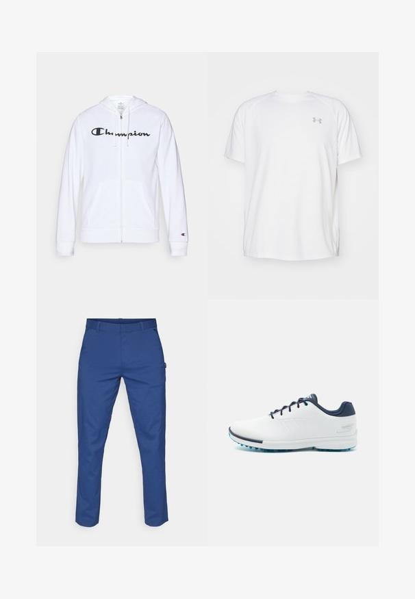 Sudadera blanca con cremallera hecha de tela suave, que presenta un logo negro de "Champion" en el pecho, bolsillos tipo canguro y puños acanalados.; Camisa atlética de manga corta blanca, hecha de tejido suave. Presenta un cuello redondo y un logo gris en el lado izquierdo del pecho, con aberturas laterales en el dobladillo.; Pantalones azules hechos de una tela suave, con corte recto, dos bolsillos laterales y pasadores para cinturón. Sin patrones visibles ni detalles de hardware.; Zapatillas deportivas blancas con una parte superior sintética lisa, acentos en azul, talón texturizado azul marino y una suela ligera con clavos para mayor tracción.