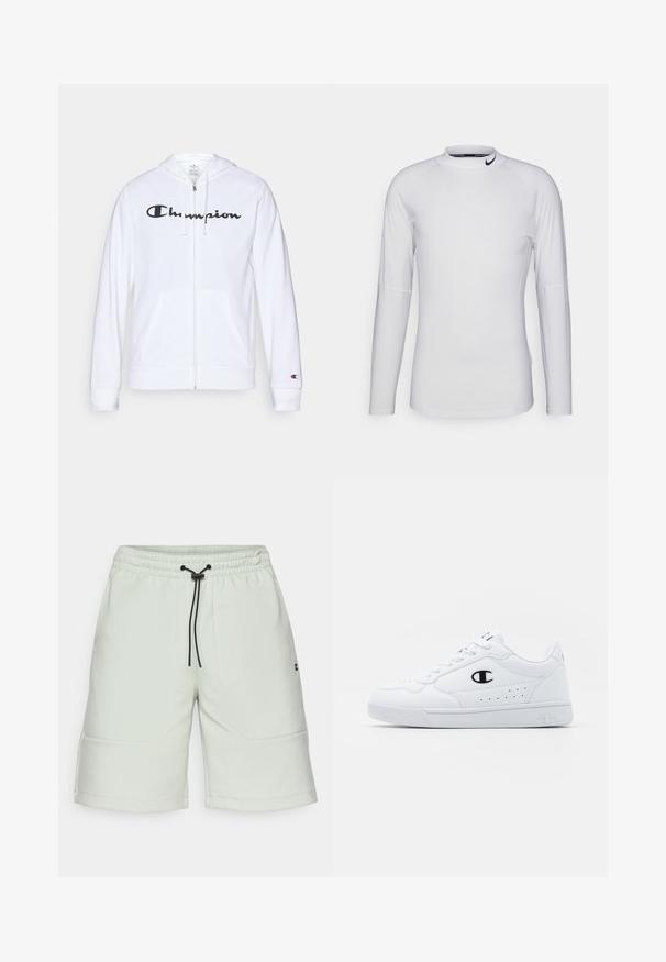 Valge tõmbluku eest avanev kapuutsiga pusa, mis on valmistatud pehmest kangast. Ees on must "Champion" logo, taskud on nagu känguru taskud ja varrukaotsad on soonilised.; Pikkade varrukatega valge sportlik särk, mis on valmistatud siledast ja venivast kangast. Omab kõrget kaelust ja musta Nike logo krael.; Kerged rohelised lühikesed püksid pehmest kangast, elastse vöökoha, sirgjoone ja kahe ees oleva taskuga. Küljel on logo.; Valged spordijalatsid, millel on sile sünteetiline pealmine osa, must logo aktsent ja perforatsioonid külgedel. Kummikreen.