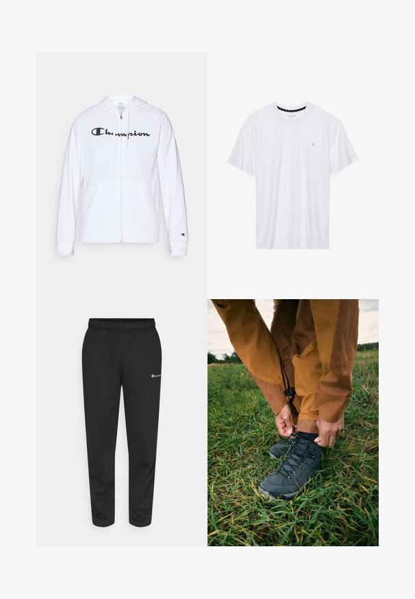 Hvit zip-up hettegenser laget av myk stoff, med en svart "Champion" logo på brystet, kengurulommer og ribbede mansjetter.; Hvit crewneck t-skjorte laget av bomull, med korte ermer og en liten logo brodert på venstre brystområde. Myk tekstur.; svarte sweatpants laget av en bomullsblanding, med elastisk midjebånd og en liten hvit logo på venstre side. Tapered ben design.; Svarte tursko med teksturerte overflater og snøringer, brukt sammen med brune vanntette bukser, plassert i grønt gress under en skyete himmel.
