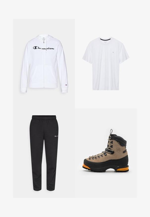 Fehér zipzáros kapucnis felső, puha anyagból készült, fekete "Champion" logóval a mellkasán, kenguruzsebekkel és bordás mandzsettákkal.; Fehér, pamutból készült folt nélküli póló, rövid ujjakkal és a bal melle részén elhelyezett, hímzett kis logóval. Puha tapintású.; Fekete pamutkeverék melegítőnadrág, rugalmas derékkal és egy kis fehér logóval a bal oldalon. Felhúzott lábujjakkal rendelkező fazon.; Barna velúr és fekete bőr túracipő narancsos kiemelésekkel, fémből készült lyukakkal és vastag gumitalppal. Megerősített orral és magas bokatámasszal rendelkezik.